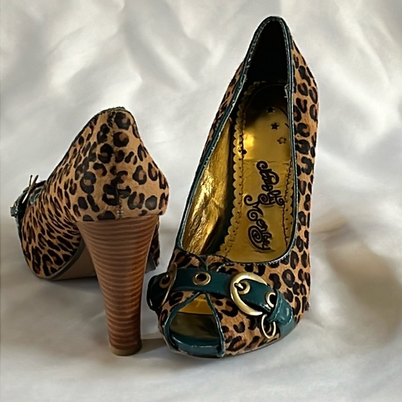 Naughty Monkey Leopard Open Toe Platform Stacked Peep Toe Heels with buckle sz9 - Picture 4 of 7